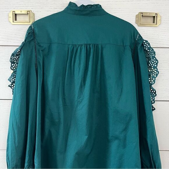 J. Crew Women’s Emerald Green Eyelet 1/2 Button Exaggerated Ruffle Sleeve Blouse - Picture 7 of 8
